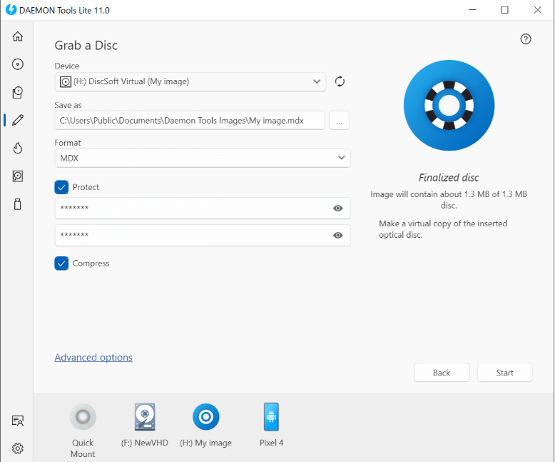 Grab a Disc dialog with protect and compress options while saving an MDX file